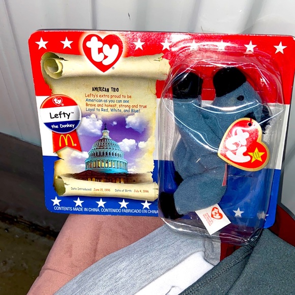 NIB RARE VINTAGE TY LEFTY MCDONALDS DONKEY BEANIE BABY ONE OF THE AMERICAN TRIO - Picture 1 of 9